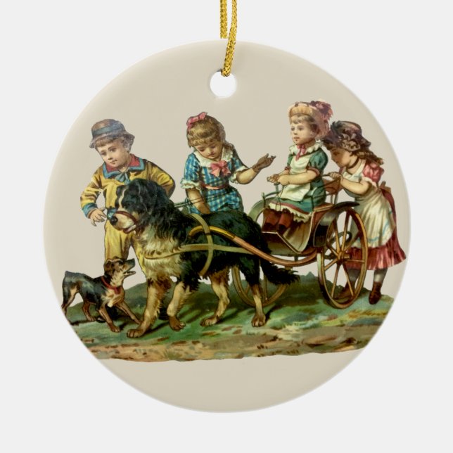 Vintage Children and Dog Wagon Ceramic Ornament (Front)