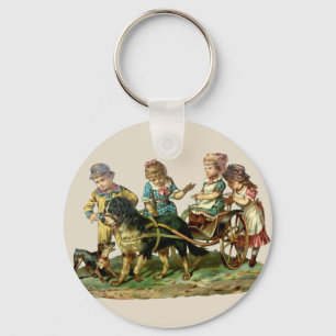 Vintage Children and Dog Wagon Keychain
