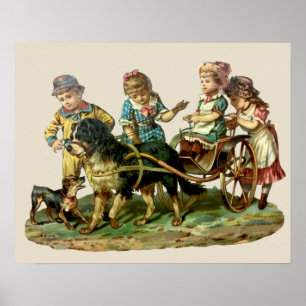 Vintage Children and Dog Wagon Poster