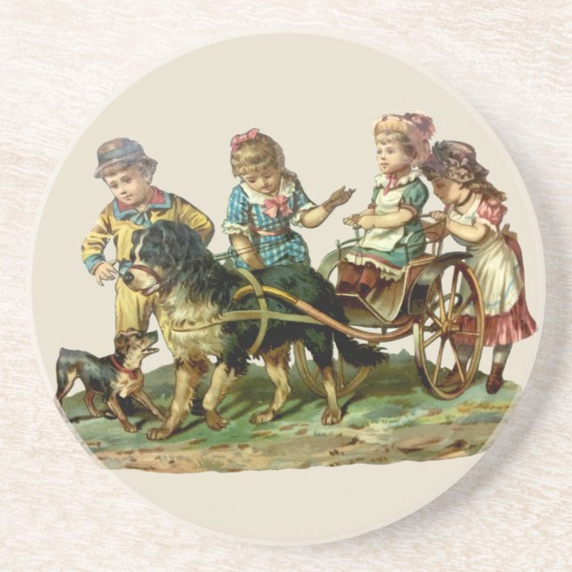 Vintage Children and Dog Wagon Sandstone Coaster (Front)