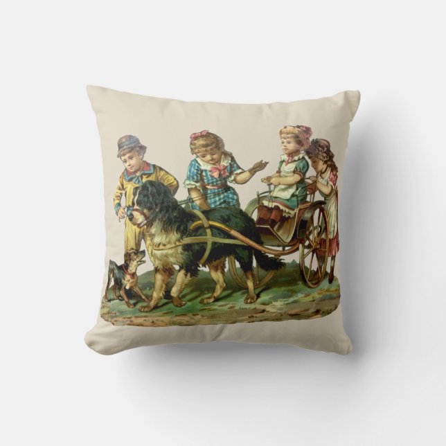 Vintage Children and Dog Wagon Throw Pillow (Front)