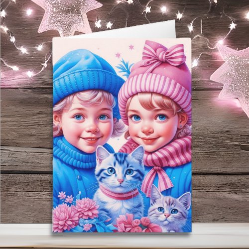 Vintage Children and Kittens Christmas Card