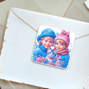 Vintage Children and Kittens Christmas Square Sticker