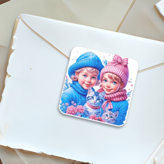 Vintage Children and Kittens Christmas Square Sticker (Creator Uploaded)