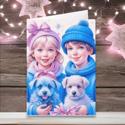 Vintage Children and Puppies Christmas Card