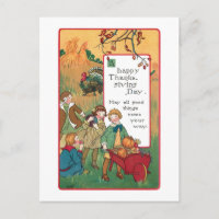 Vintage Children and Thanksgiving Greeting Holiday Postcard