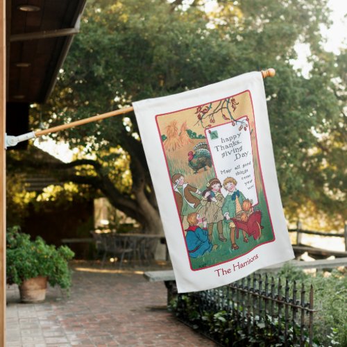 Vintage Children and Thanksgiving Greeting House Flag