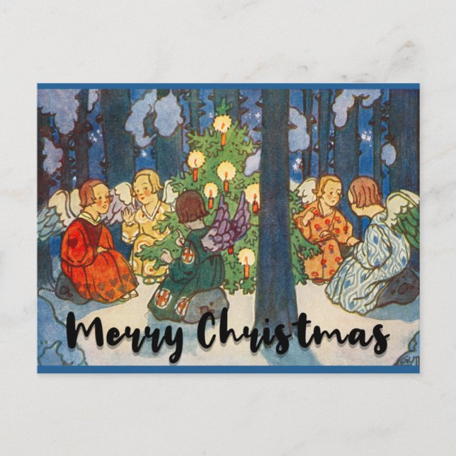 Vintage Children Angel Tree Christmas Eve Holiday Postcard (Front)