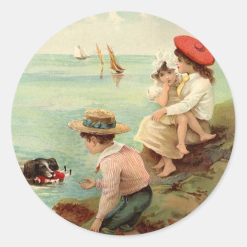 Vintage _ Children at the beach Classic Round Sticker