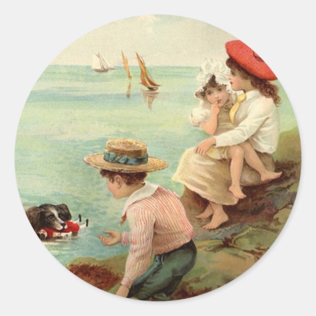 Vintage - Children at the beach Classic Round Sticker (Front)