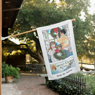 Vintage Children at Window w/Christmas Wreaths House Flag