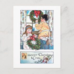 Vintage Children at Window w/Christmas Wreaths Postcard