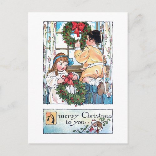 Vintage Children at Window wChristmas Wreaths Postcard