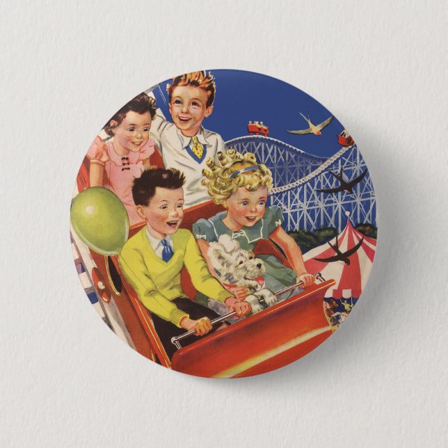 Vintage Children Balloons Dog Roller Coaster Ride Button (Front)