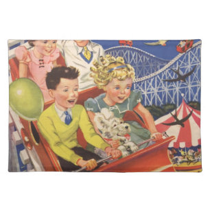 Vintage Children Balloons Dog Roller Coaster Ride Cloth Placemat