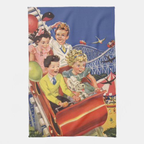 Vintage Children Balloons Dog Roller Coaster Ride Kitchen Towel