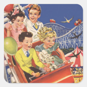 Vintage Children Balloons Dog Roller Coaster Ride Square Sticker