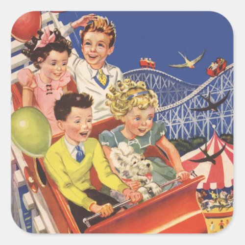 Vintage Children Balloons Dog Roller Coaster Ride Square Sticker