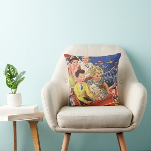 Vintage Children Balloons Dog Roller Coaster Ride Throw Pillow