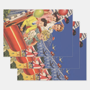 Vintage Children Balloons Dog Roller Coaster Ride Wrapping Paper Sheets