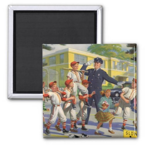 Vintage Children Baseball Players Crossing Guard Magnet