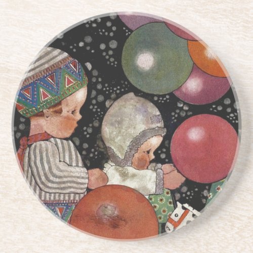 Vintage Children Birthday Party Balloons and Toys Drink Coaster