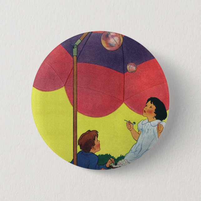 Vintage Children Blowing Bubbles Under an Umbrella Button (Front)