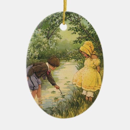 Vintage Children Boy and Girl Playing by Creek Ceramic Ornament