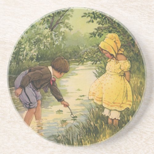 Vintage Children Boy and Girl Playing by Creek Coaster