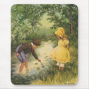 Vintage Children, Boy and Girl Playing by Creek Mouse Pad