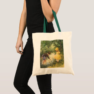 Vintage Children, Boy and Girl Playing by Creek Tote Bag