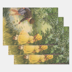 Vintage Children, Boy and Girl Playing by Creek Wrapping Paper Sheets