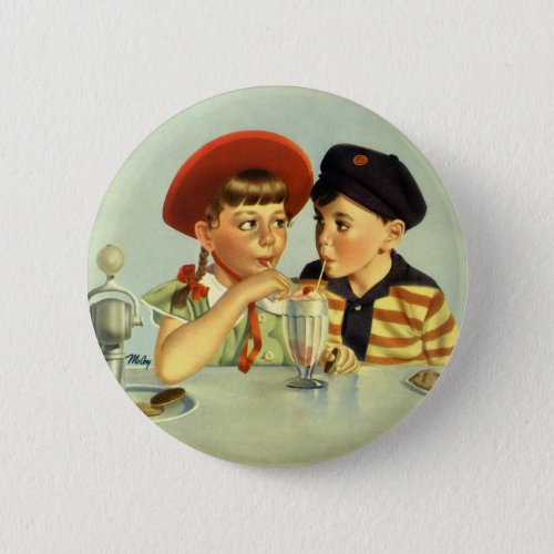 Vintage Children Boy and Girl Sharing a Shake Button