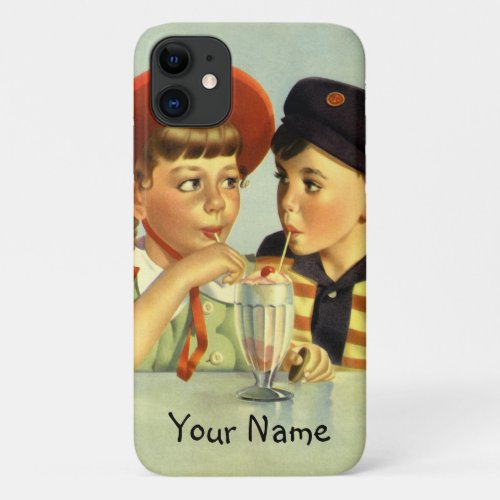 Vintage Children Boy and Girl Sharing a Shake iPhone 11 Case