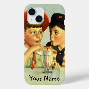 Vintage Children, Boy and Girl Sharing a Shake iPhone 15 Case