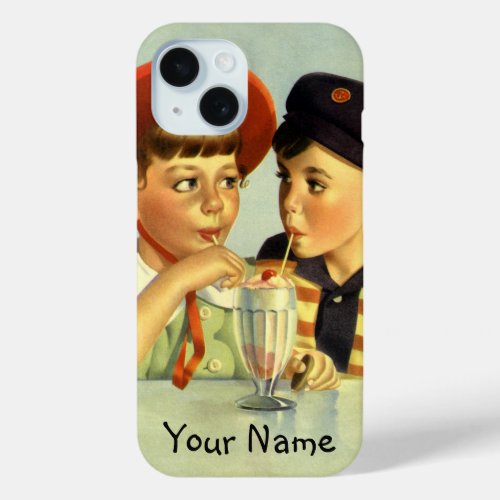 Vintage Children Boy and Girl Sharing a Shake iPhone 15 Case