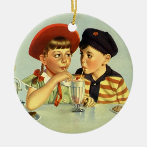 Vintage Children Boy and Girl Sharing a Shake Ceramic Ornament