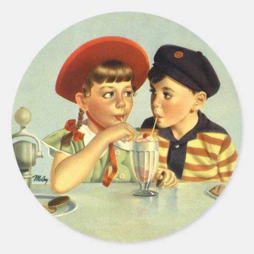 Vintage Children Boy and Girl Sharing a Shake Classic Round Sticker