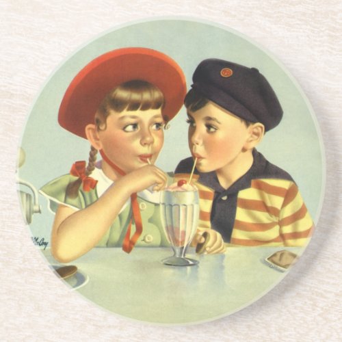 Vintage Children Boy and Girl Sharing a Shake Coaster