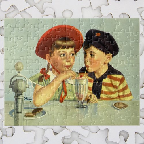 Vintage Children Boy and Girl Sharing a Shake Jigsaw Puzzle