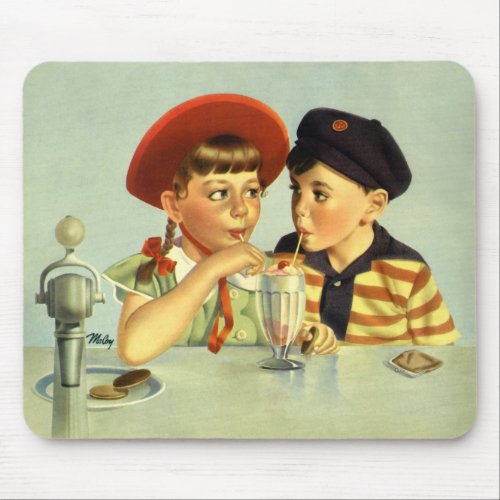 Vintage Children Boy and Girl Sharing a Shake Mouse Pad