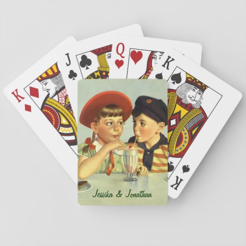 Vintage Children Boy and Girl Sharing a Shake Playing Cards