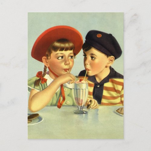 Vintage Children Boy and Girl Sharing a Shake Postcard
