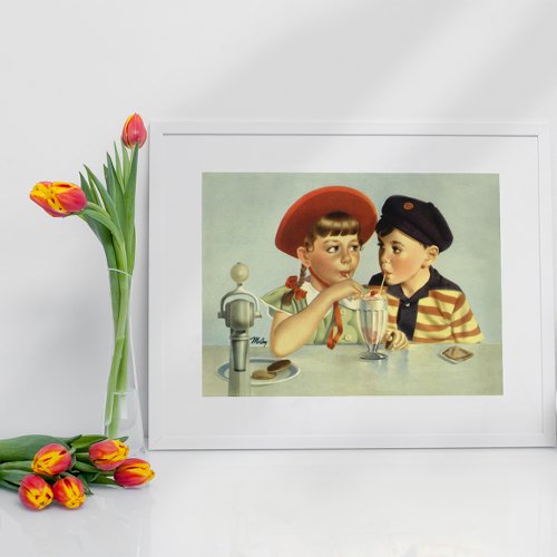 Vintage Children Boy and Girl Sharing a Shake Poster