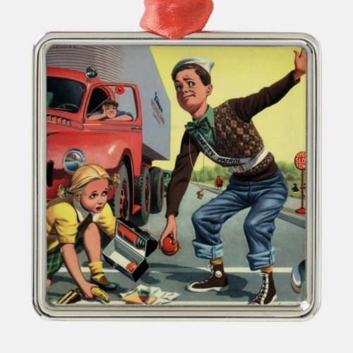 Vintage Children Boy Safety Patrol Helping Girl Metal Ornament