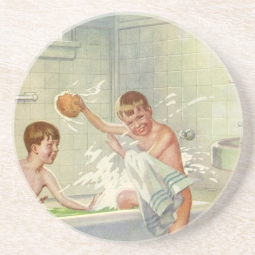 Vintage Children Boys Brothers Splashing in Tub Coaster