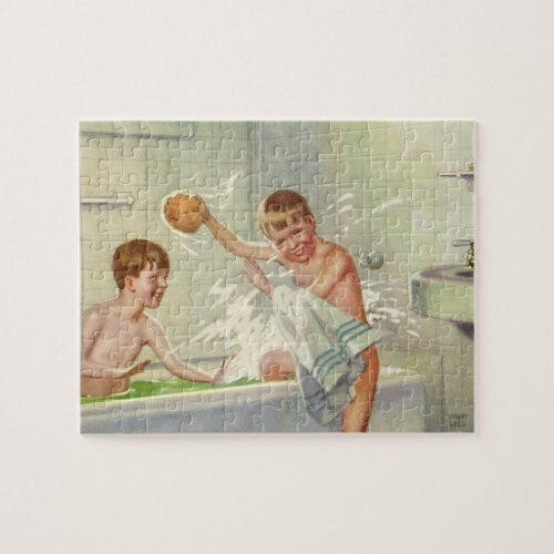 Vintage Children Boys Brothers Splashing in Tub Jigsaw Puzzle