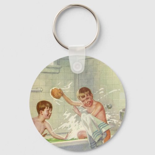 Vintage Children Boys Brothers Splashing in Tub Keychain