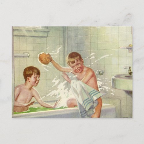 Vintage Children Boys Brothers Splashing in Tub Postcard