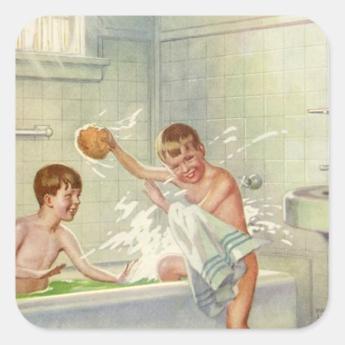 Vintage Children Boys Brothers Splashing in Tub Square Sticker